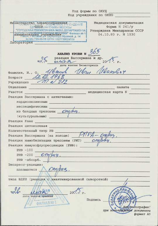 Купить результаты анализа крови реакция Вассермана 241/у в Москве